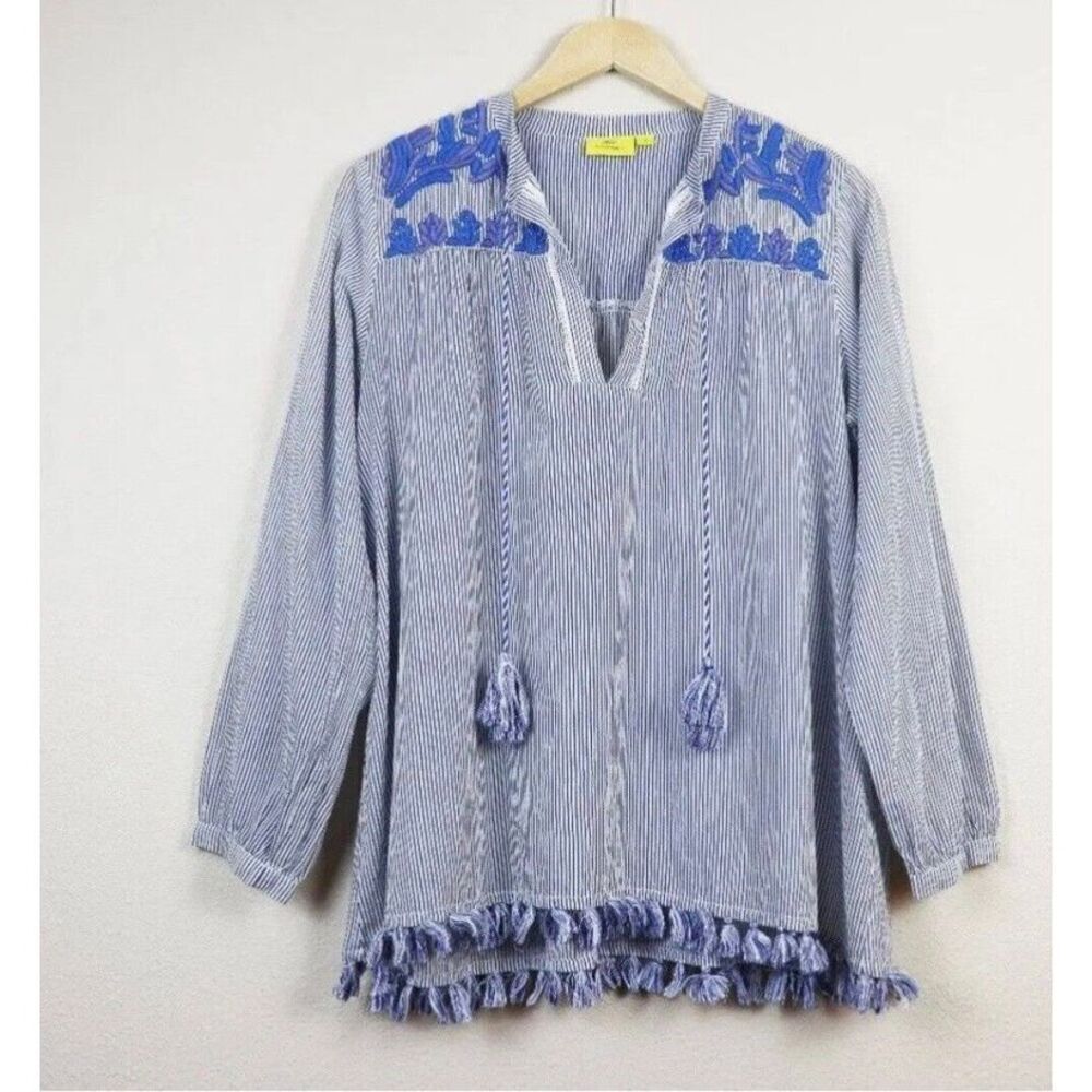 Roller rabbit Navy Pinstriped boho peasant blouse top Hand embroidered 100% Cott